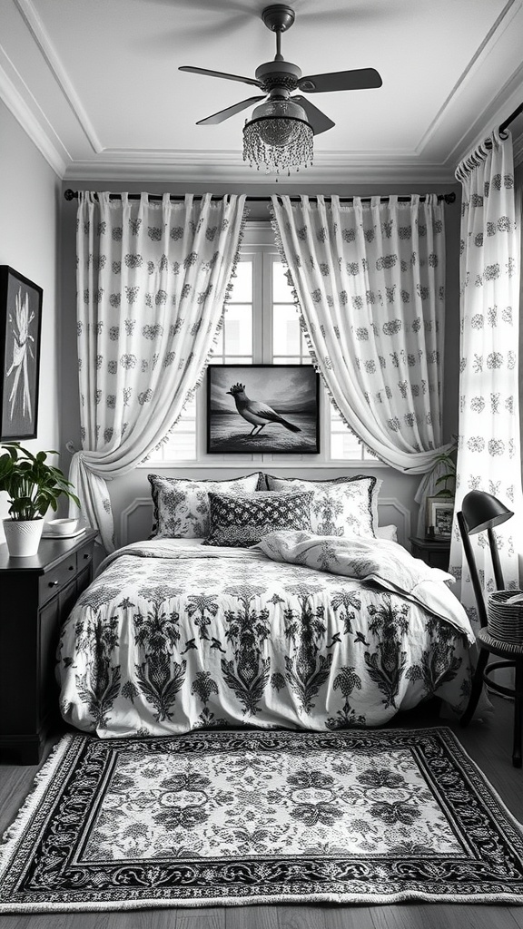 A cozy black and white bedroom featuring mixed patterns in bedding, curtains, and a rug.