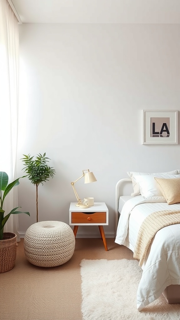 A stylish white and beige bedroom featuring a cozy bed, textured throw, knitted pouf, and a small nightstand with a lamp.