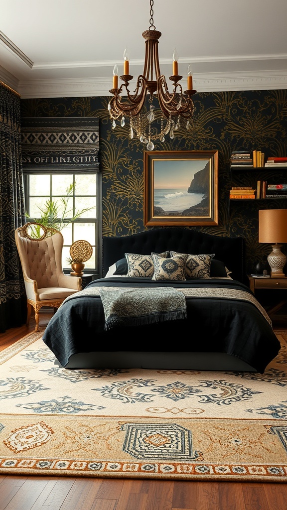 A black and gold bedroom featuring patterned walls, a stylish chandelier, and a cozy bed with decorative pillows.