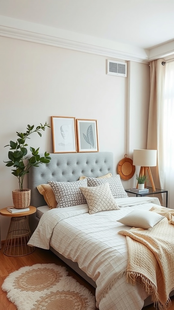 A cozy beige bedroom with mixed patterns on pillows and a warm color palette.