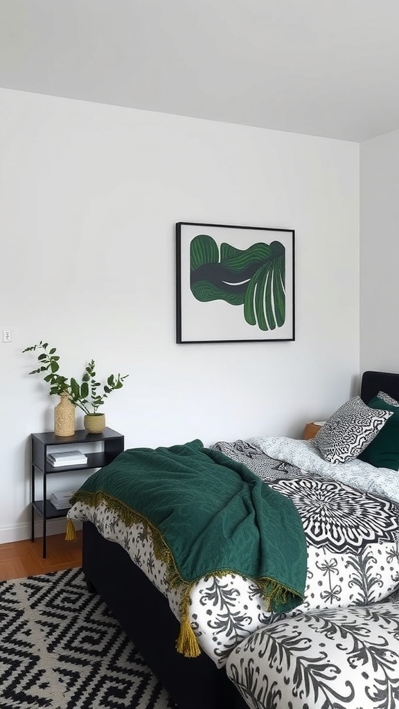 A stylish black and green bedroom featuring patterned bedding and wall art.
