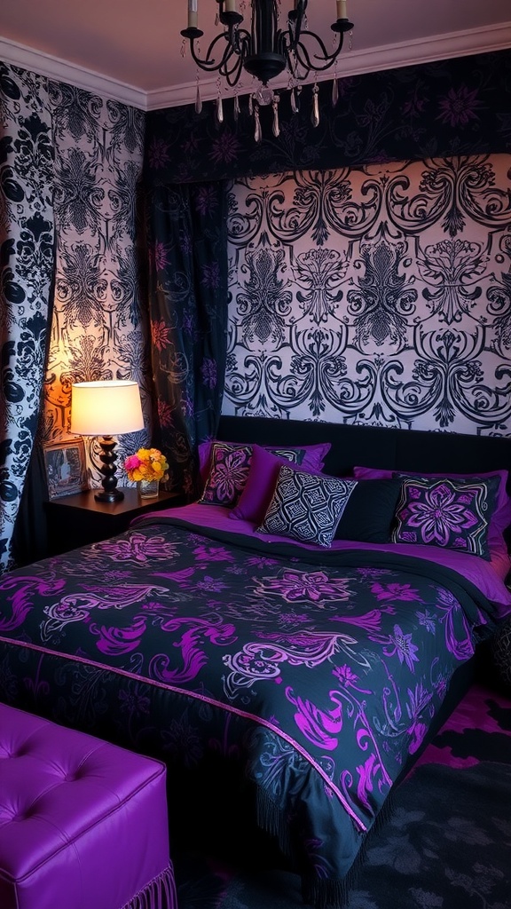 A stylish black and purple bedroom featuring patterned wallpaper, bedding, and decorative pillows.