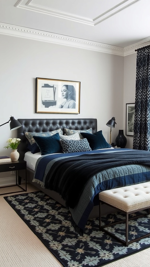 A stylish black and blue bedroom featuring a patterned rug, decorative pillows, and artwork.