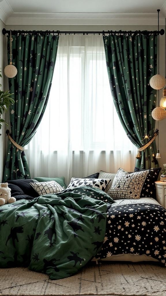 A green and black bedroom featuring patterned curtains, bedding, and pillows.