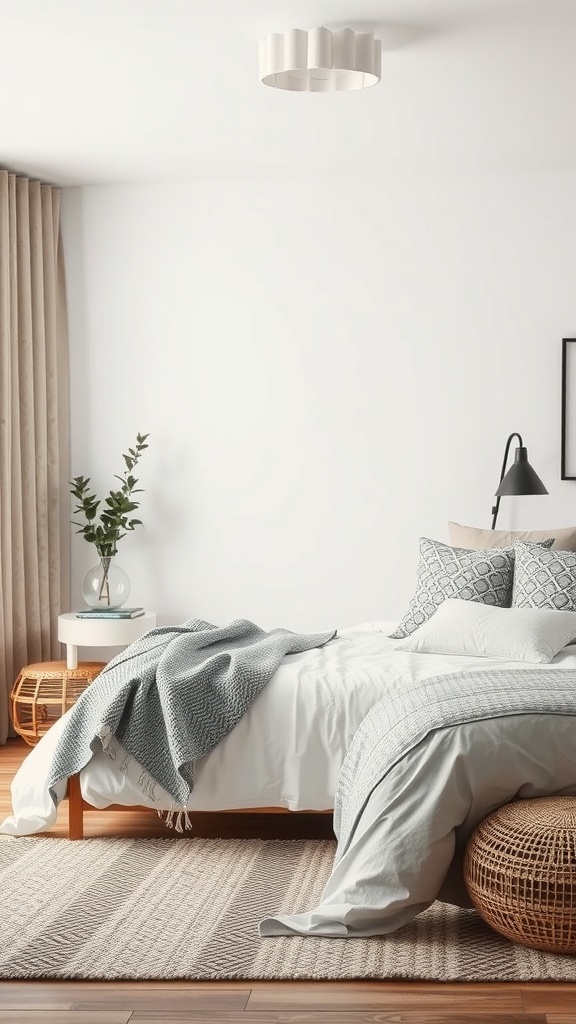 A modern grey and beige bedroom featuring a bed with textured grey blankets and patterned cushions, a woven rug, and soft beige curtains.