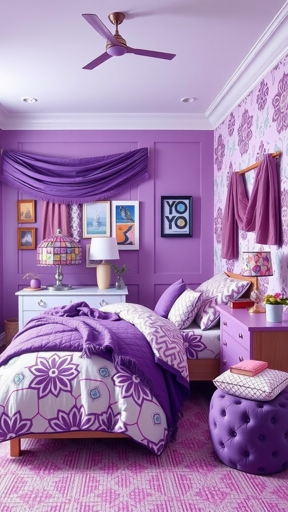 A purple bedroom featuring various patterns in decor, including floral and geometric designs.