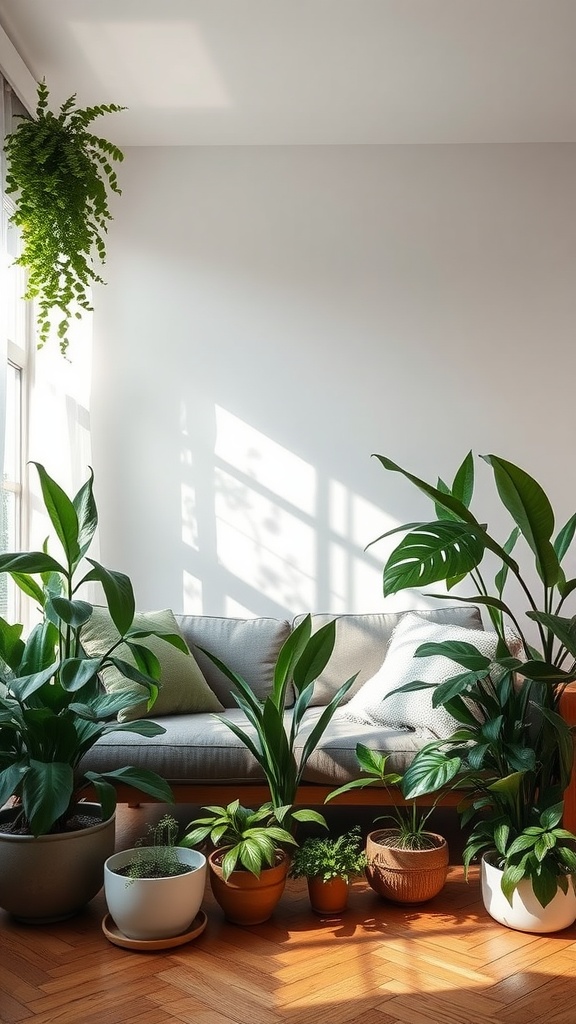 A cozy living room with a variety of plants of different sizes arranged around a couch.