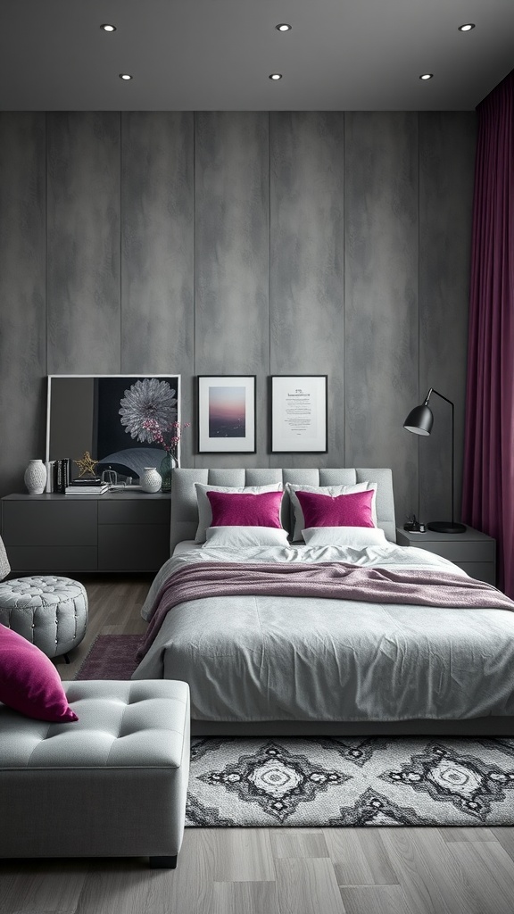 A modern bedroom featuring gray walls and bedding with purple accents in pillows and curtains.