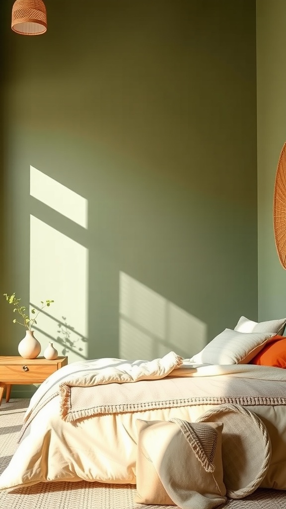 A cozy bedroom featuring sage green walls, wooden furniture, and soft textiles in beige, cream, and a pop of orange.