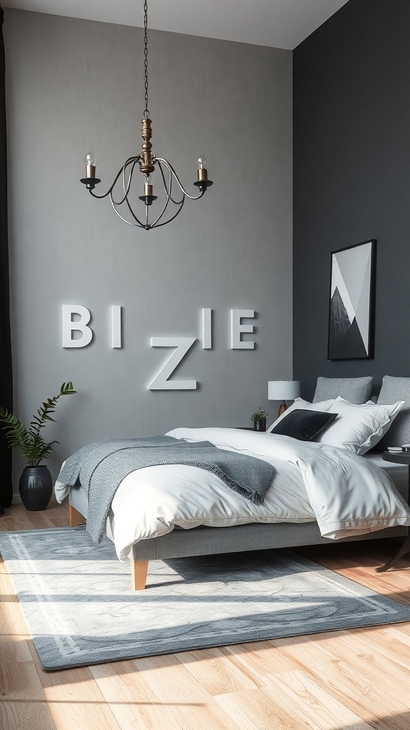 A stylish grey and black bedroom featuring a mix of light and dark grey walls, white bedding, and elegant lighting.