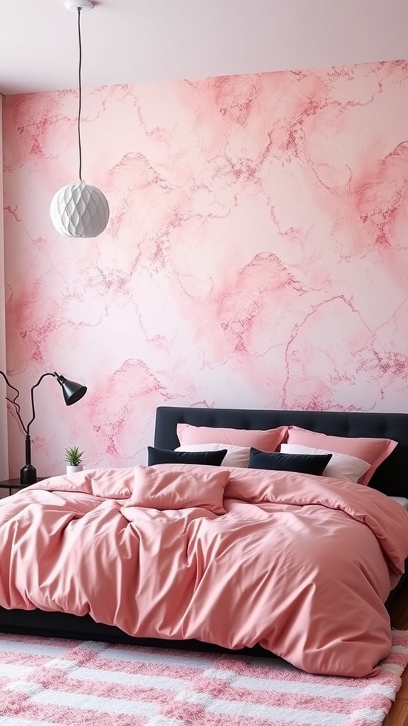 A pink and black bedroom featuring a soft pink duvet, black headboard, patterned wall, and modern lighting.