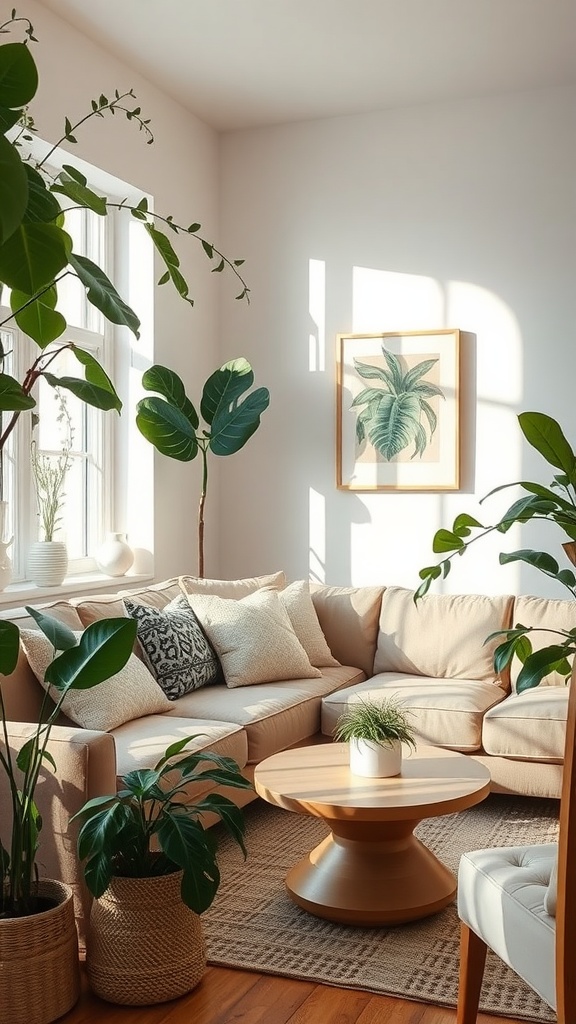 A cozy living room filled with plants and a comfortable couch, showcasing a mix of textures and natural decor.