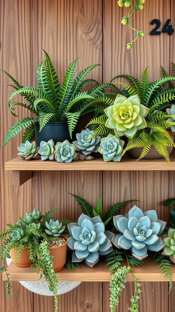 A wooden shelf displaying a variety of succulents and ferns in different pots.
