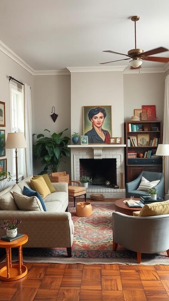 A cozy living room featuring a mix of vintage and modern decor, including a portrait, contemporary furniture, and plants.