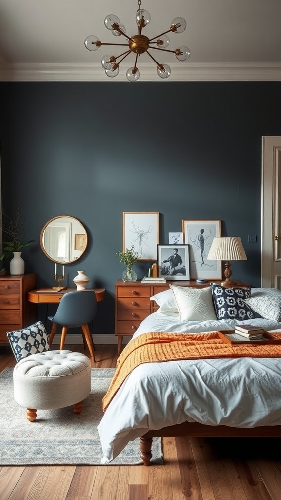 A cozy modern bedroom featuring a mix of vintage and modern decor with dark walls, wooden furniture, and colorful accents.