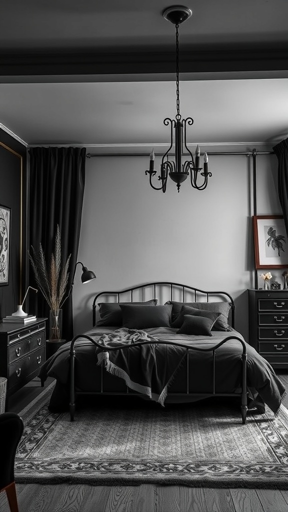 A black bedroom featuring a vintage metal bed frame, modern furniture, and a cozy atmosphere.
