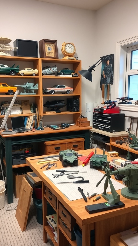 A model building workspace featuring a wooden table with tools and model parts, shelves displaying completed models, and a desk lamp.