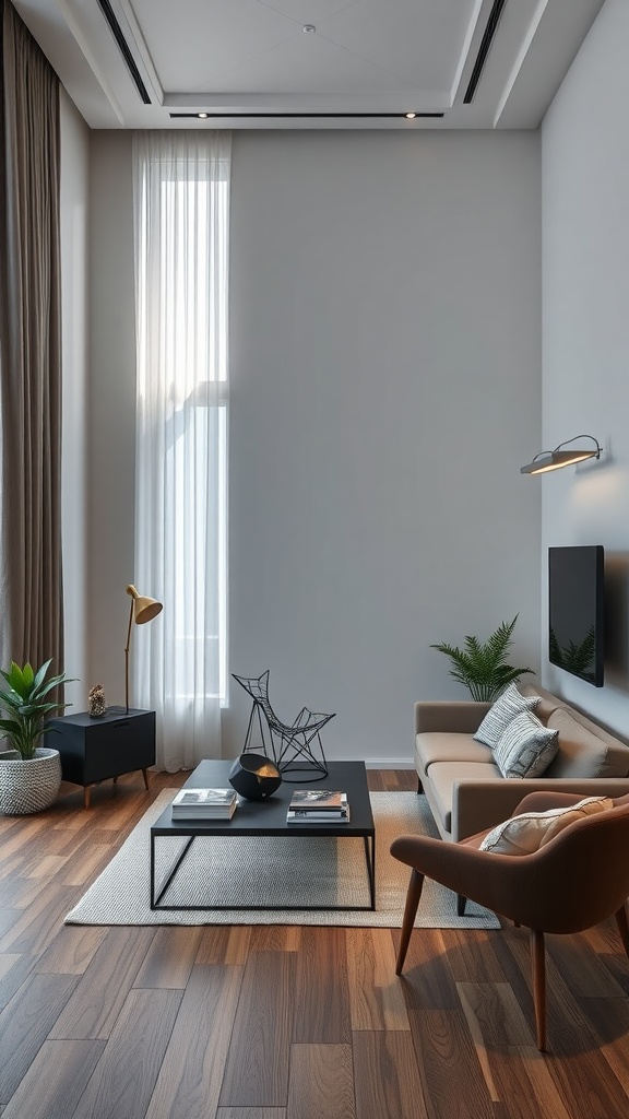 A modern small living room with sleek furniture and stylish decor.