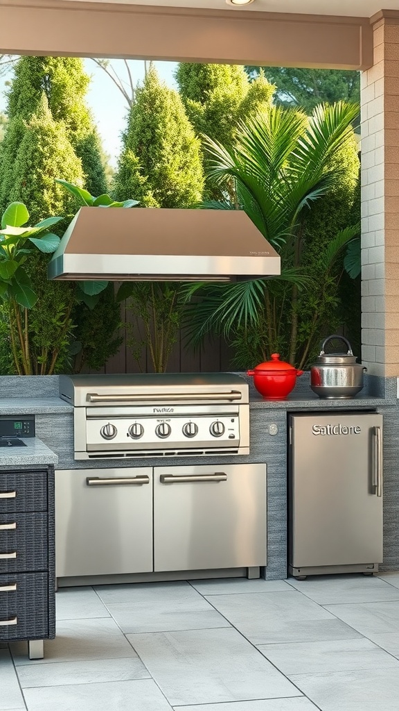 Outdoor kitchen with modern stainless steel appliances and lush greenery