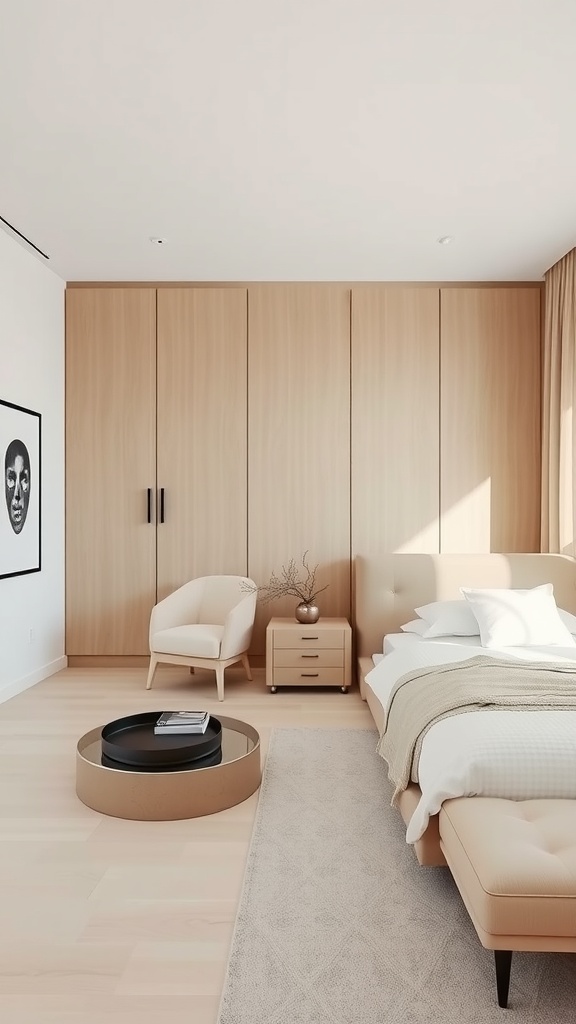 A modern beige bedroom with a plush bed, cozy armchair, and light wood accents.