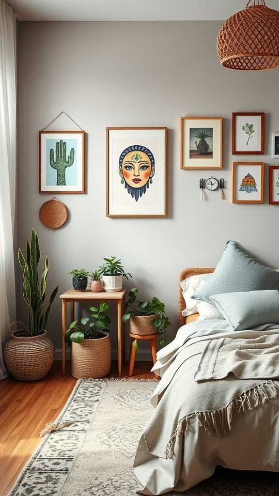 A modern bohemian style bedroom featuring gray walls, warm wood accents, and vibrant artwork.
