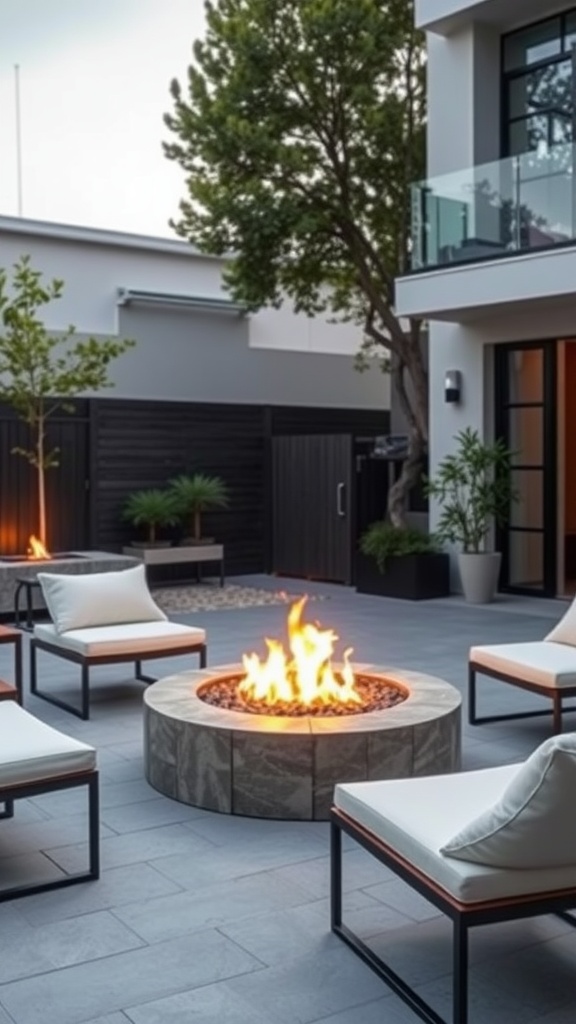 Modern circular fire pit surrounded by stylish seating and greenery