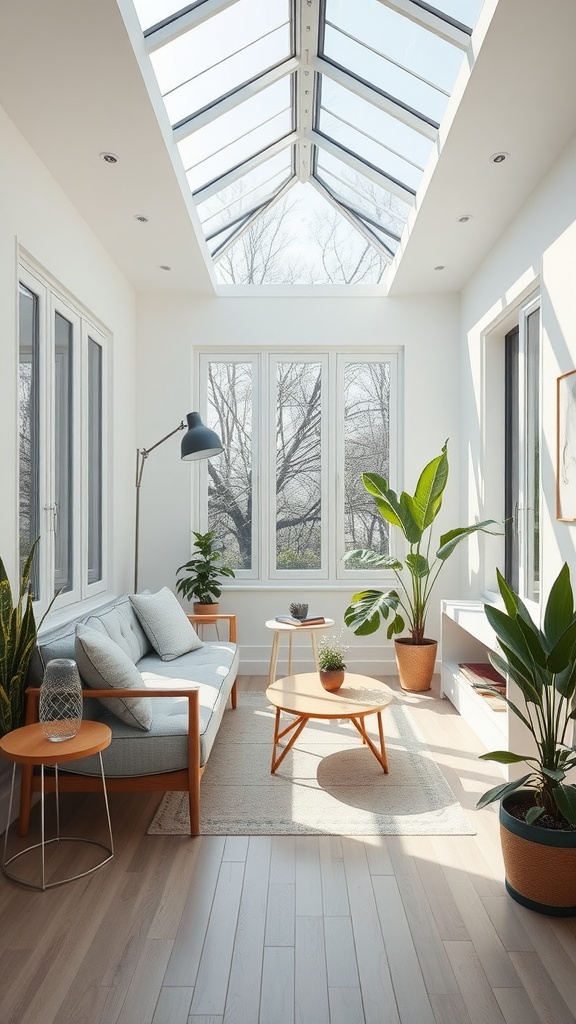 Modern sunroom with large windows, minimalist furniture, and plants