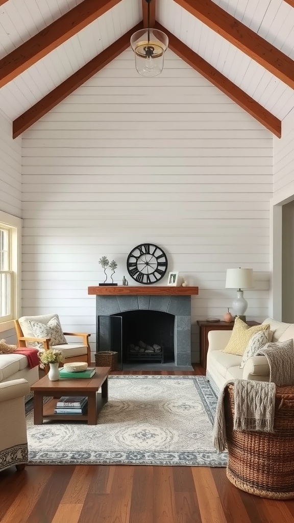 Bright and airy modern farmhouse living room with white shiplap walls, wooden beams, and cozy furniture.
