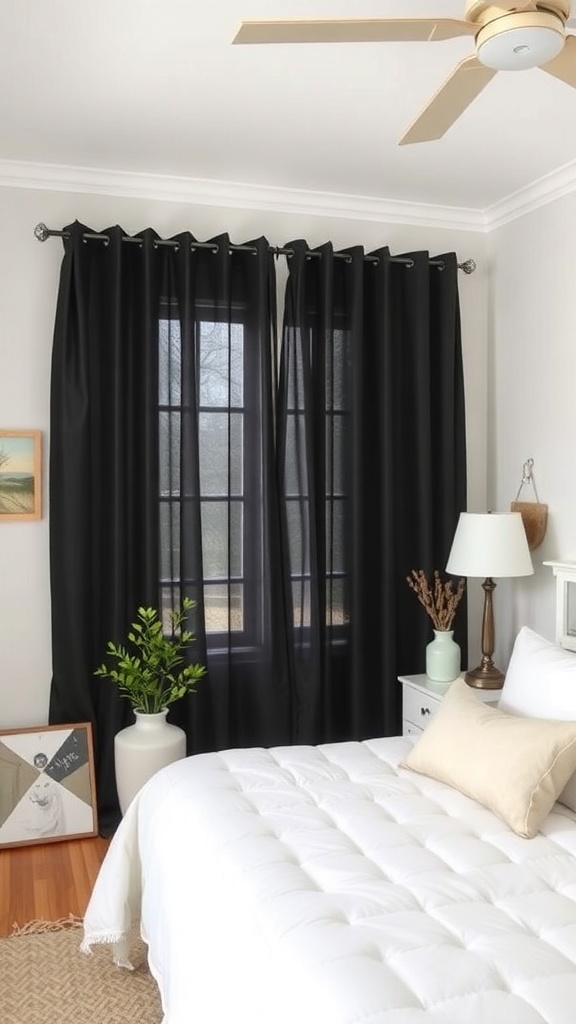 A modern farmhouse bedroom featuring black curtains, white bedding, and natural decor.