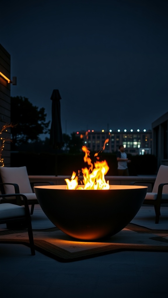 A modern fire bowl at night with flames and surrounding seating.