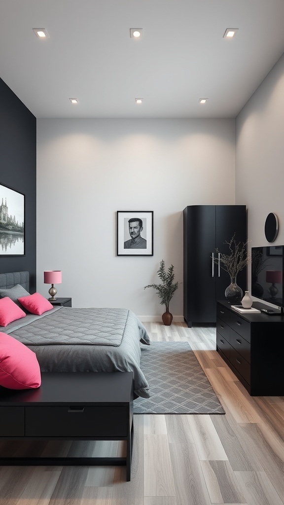 A modern bedroom featuring black furniture, pink accents, and grey bedding.