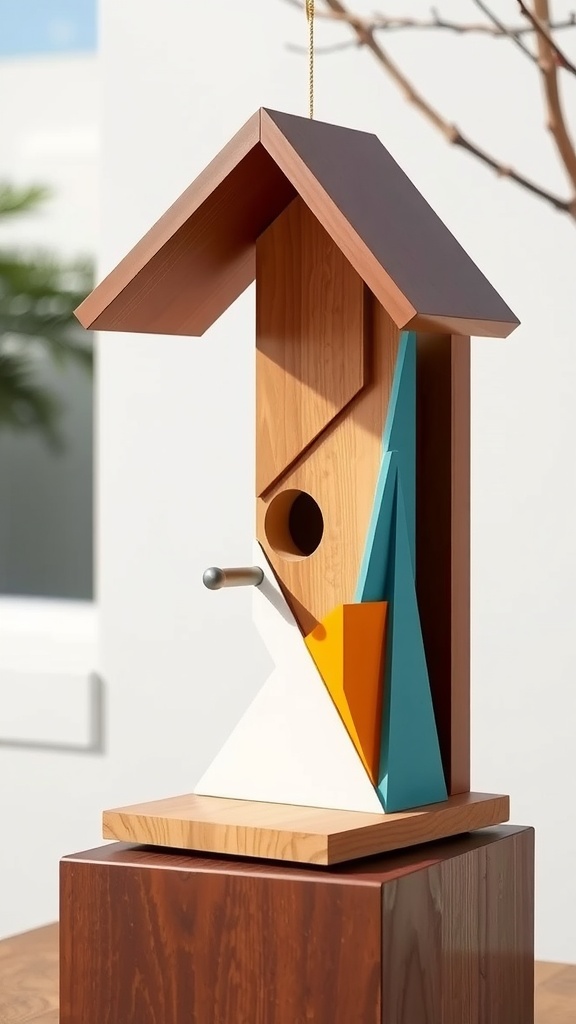 A modern geometric birdhouse featuring wood and colorful accents.