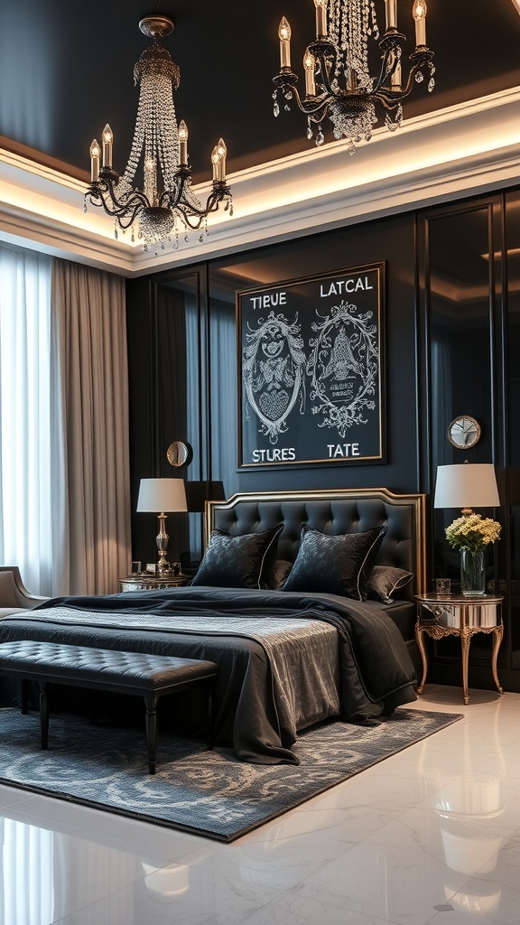 A modern glam bedroom featuring black walls, silver accents, a chandelier, and elegant decor.