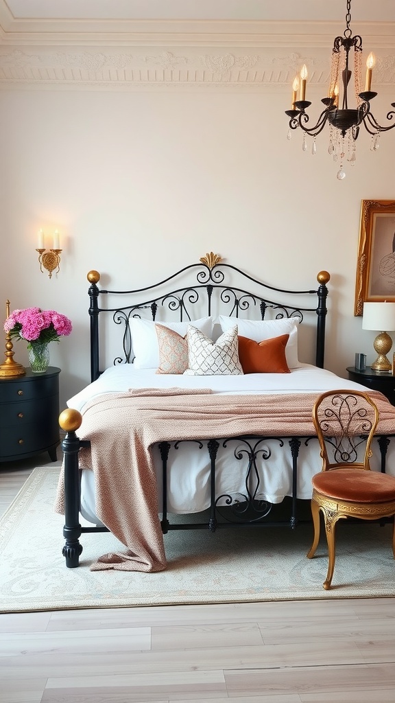A modern bedroom featuring a black metal bed frame with decorative pillows, a warm throw, and gold accents.