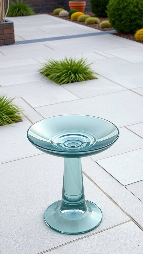A modern glass bird bath with sleek lines, placed on a patio surrounded by grass and plants.