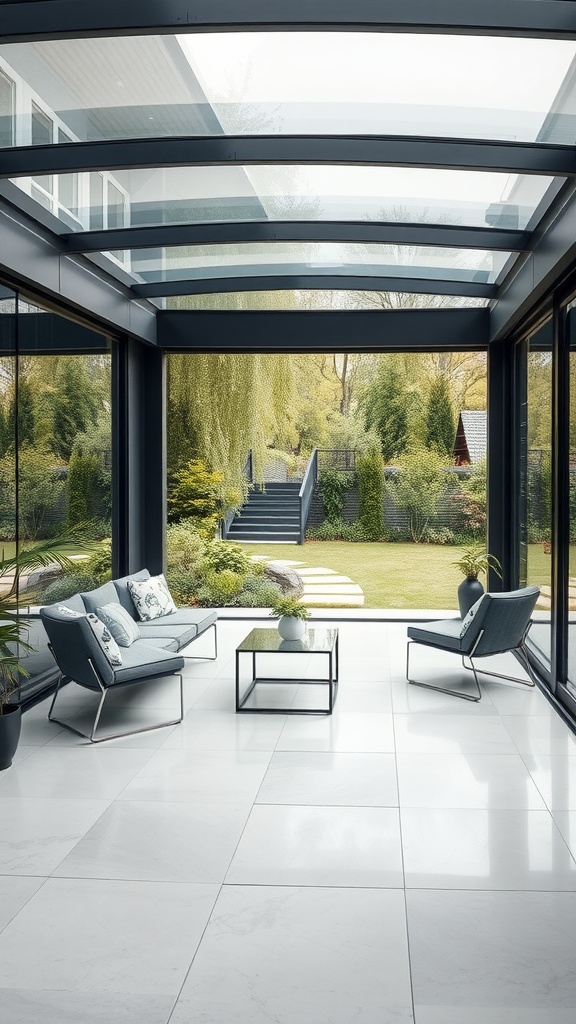 A modern glass enclosure featuring sleek furniture with an outdoor view
