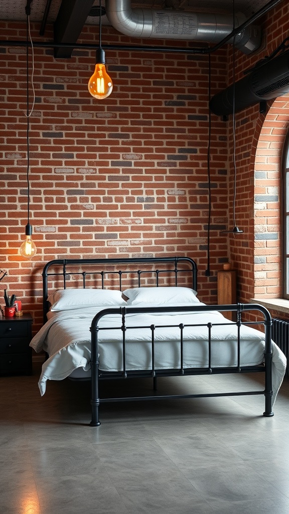 A modern industrial bedroom featuring a black metal bed frame, exposed brick wall, and warm hanging light bulbs.