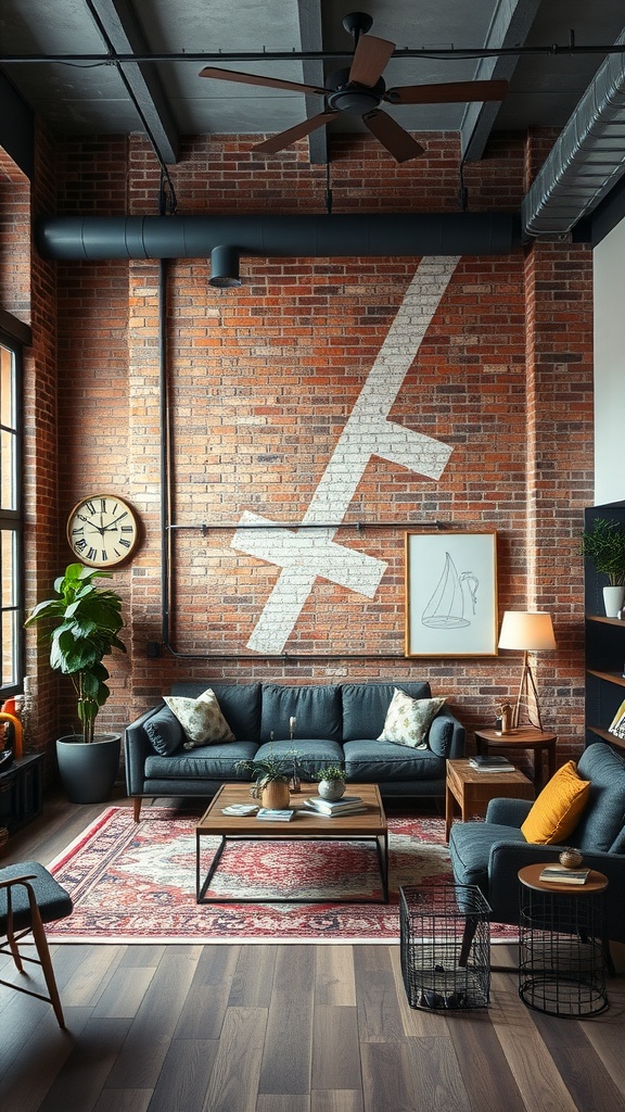 A modern industrial living room featuring a brick wall, dark furniture, and warm accents.