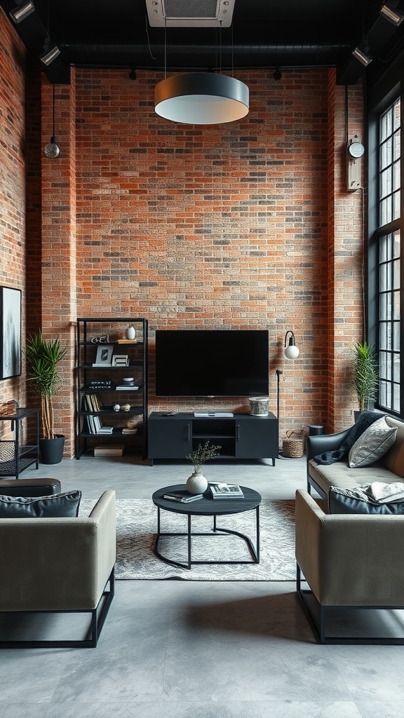 A modern living room featuring exposed brick walls and minimalist furniture