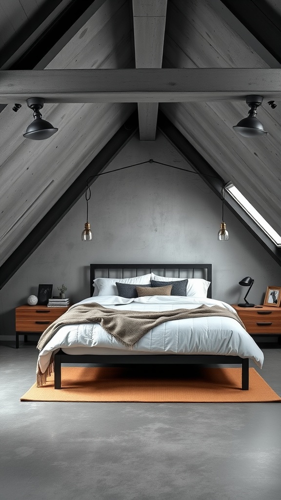 A modern industrial attic bedroom featuring angled ceilings, a bed with white linens, an orange rug, and stylish lighting.