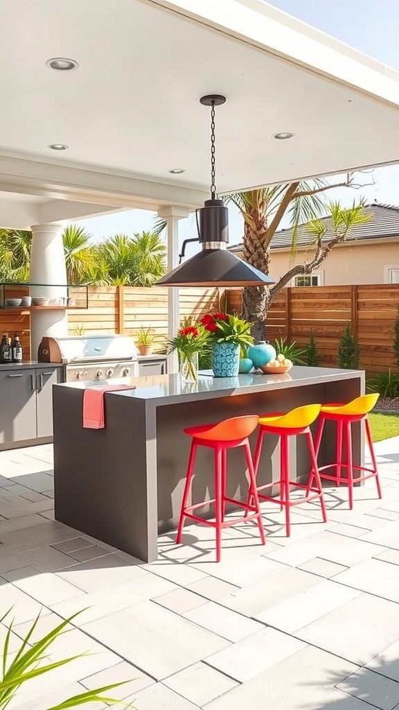A modern outdoor kitchen island with colorful bar seating, featuring a grill and plants.