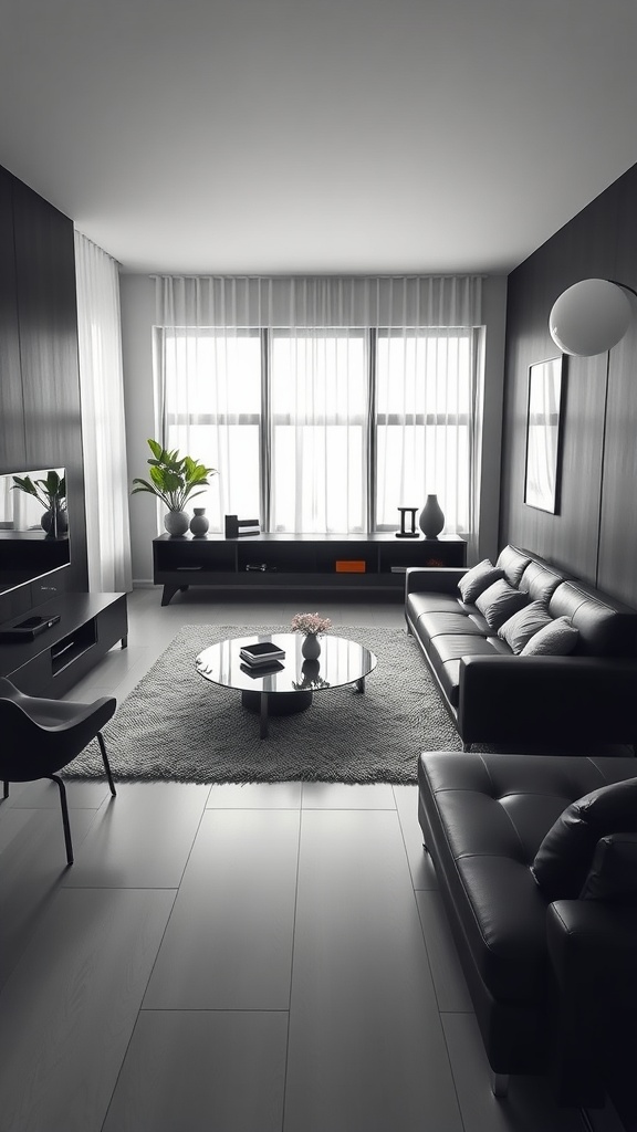 A modern minimalist black living room featuring a black sofa, round coffee table, area rug, and large windows.