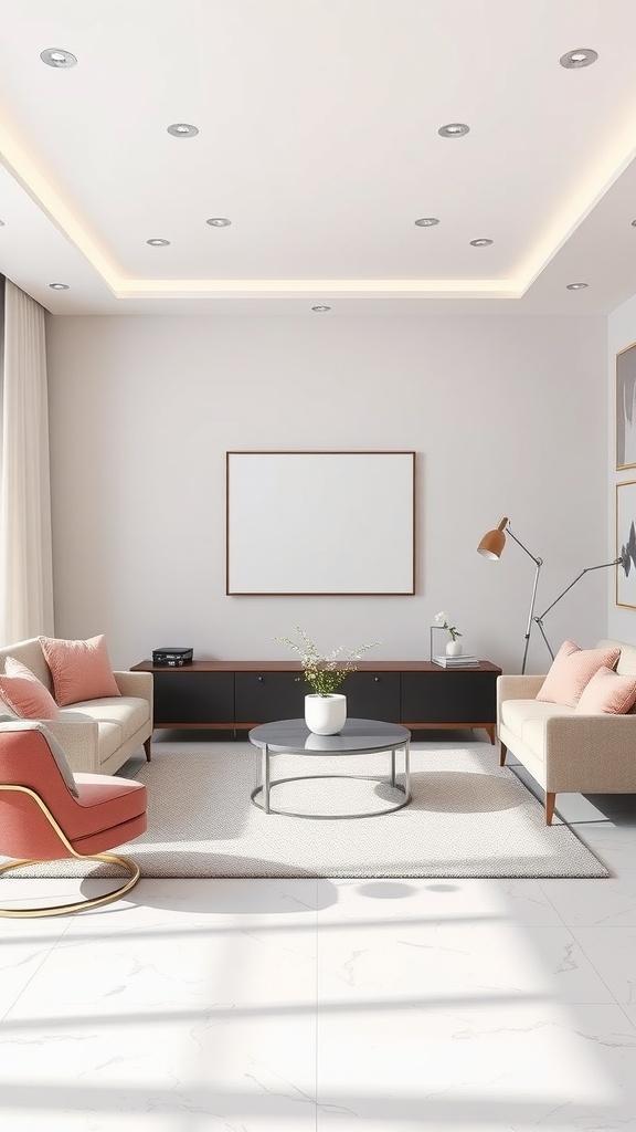 A modern minimalist living room featuring pink accents with neutral walls and simple furniture.