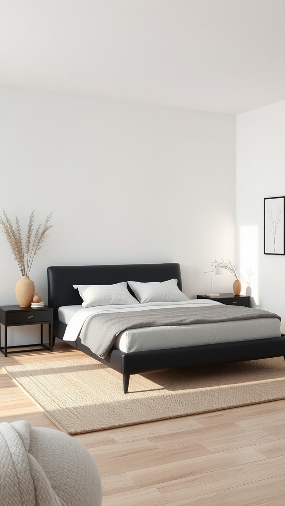 A modern minimalist bedroom featuring a black bedframe, neutral bedding, and simple decor.