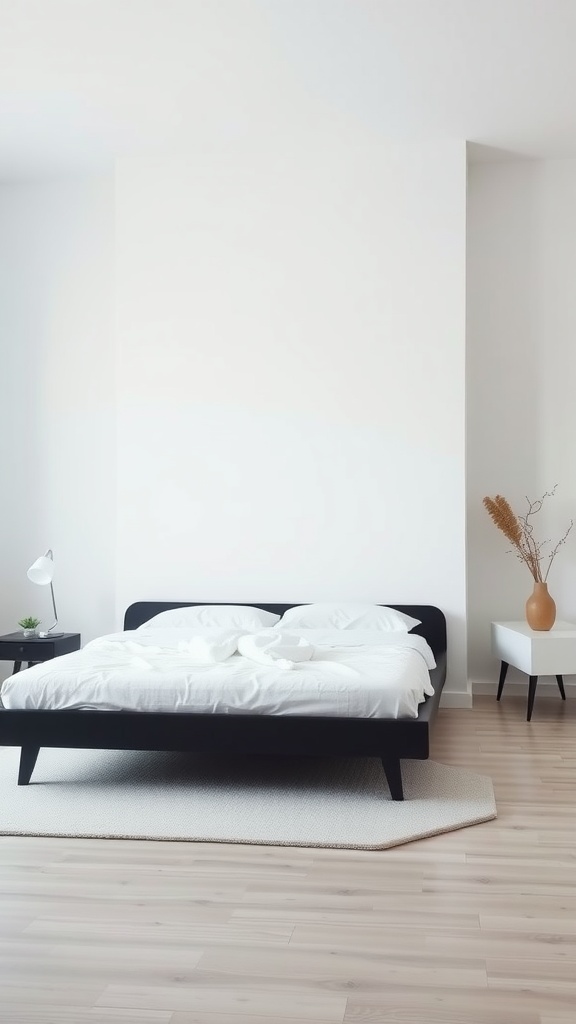 A modern minimalist bedroom featuring a black bed frame, white bedding, and simple decor.