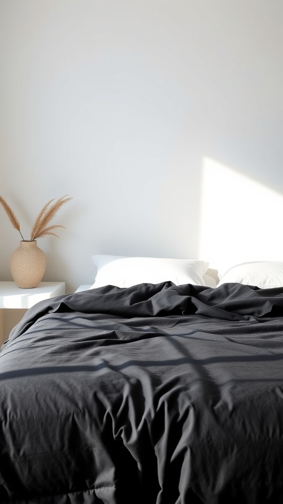 A modern minimalist bedroom featuring a black comforter, light walls, and a simple vase with dried plants.