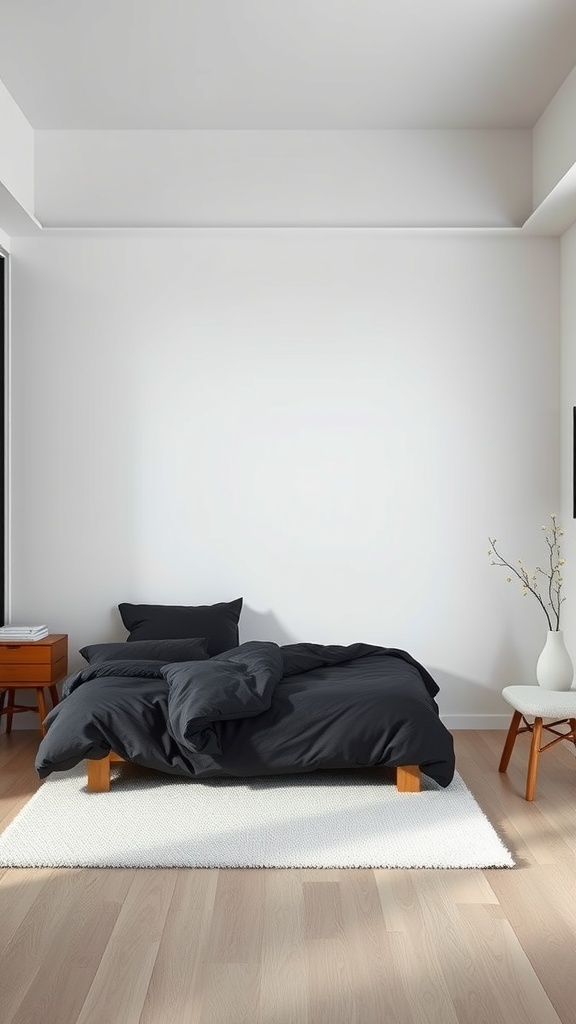 A modern minimalist bedroom featuring a bed with black sheets, a wooden frame, and a simple decor.