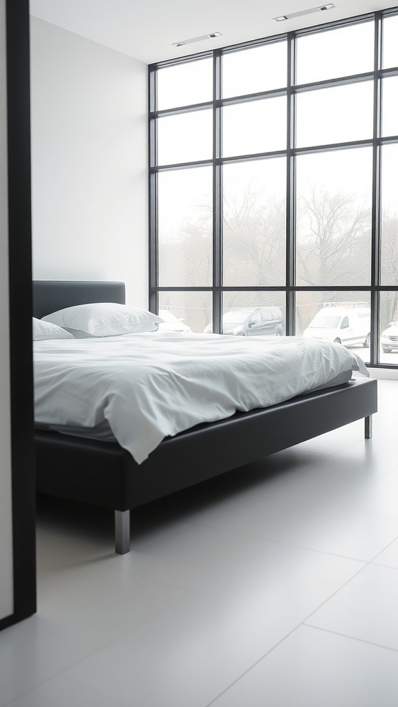 A modern minimalist bedroom featuring a black bed frame, large windows, and white bedding.