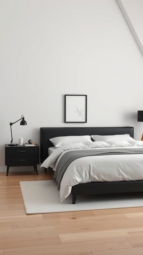 A modern black bedroom set featuring a black bed, white bedding, and a matching nightstand with a lamp.