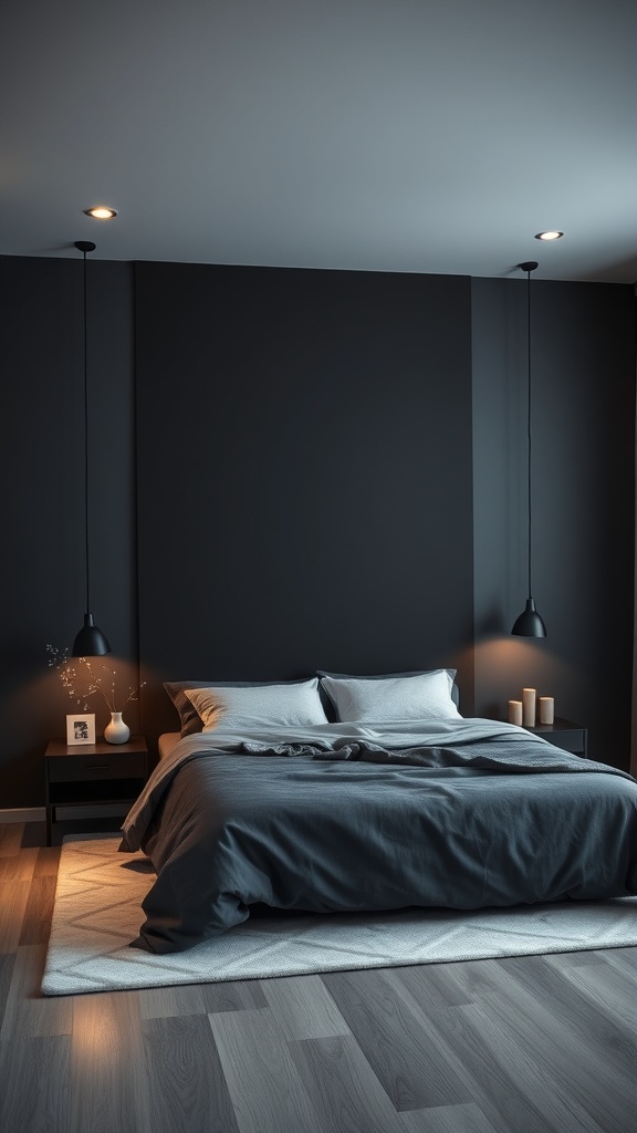 A modern bedroom featuring a black accent wall, stylish bedding, and minimalist decor.